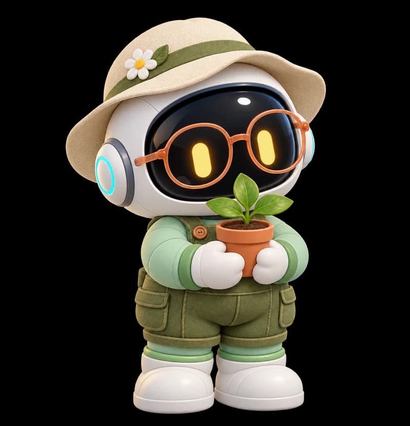 A chubby mint astronaut in gardening overalls and a sun hat, holding a little seedling.