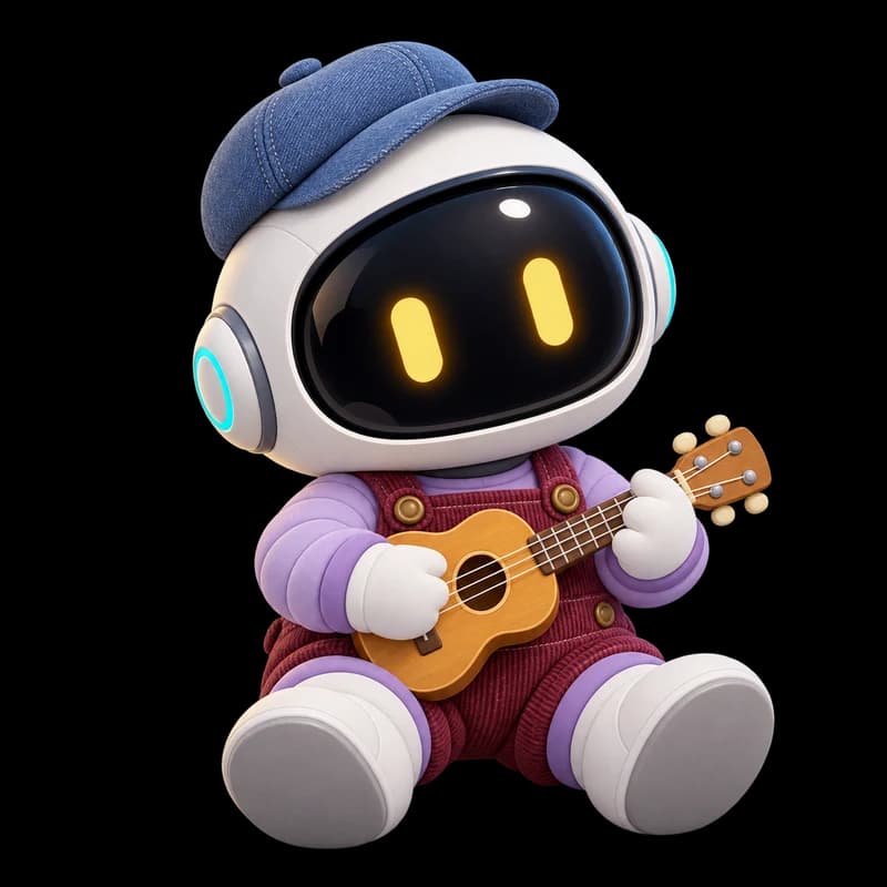 A chubby lavender astronaut in a denim cap and burgundy overalls, holding a little ukulele.